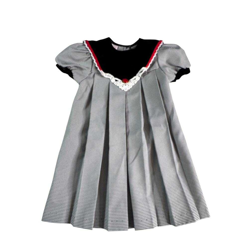 Vintage 90s Rose Cottage Girls 5 Gingham Velvet Collar Christmas Dress